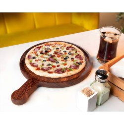 Ahşap İroko Pizza Sunum Tahtası Kulplu 32 Cm.