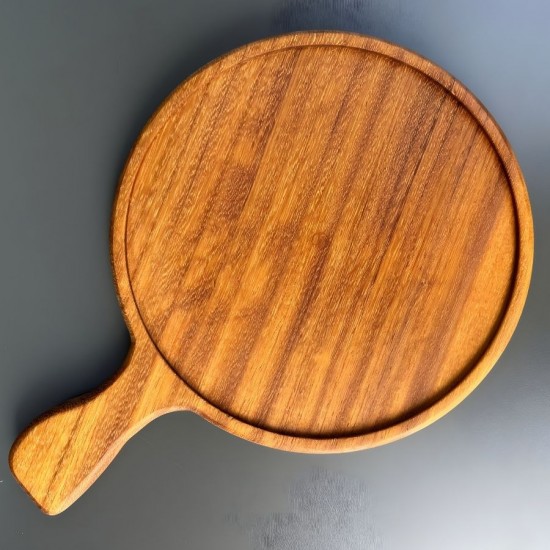 Ahşap İroko Pizza Sunum Tahtası Kulplu 35 Cm.