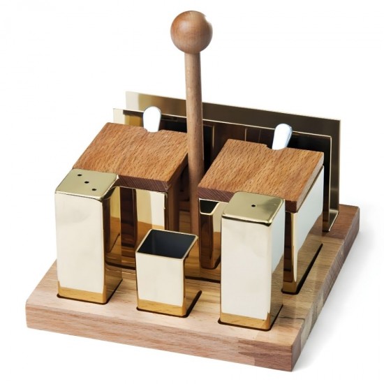 Biradlı GRV-69-Altın Ahşap Standlı Kare Tuzluk Baharatlık Takımı Altın, 6'lı