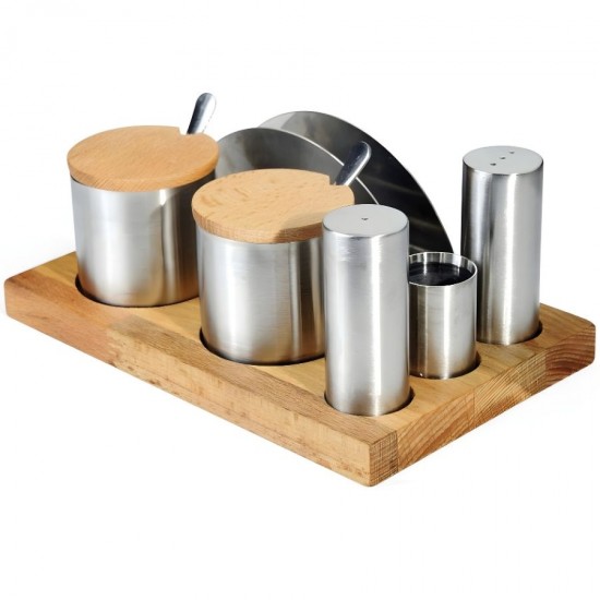 Biradlı GRV-96 Ahşap Standlı Yuvarlak Tuzluk Baharatlık Takımı, 6'lı