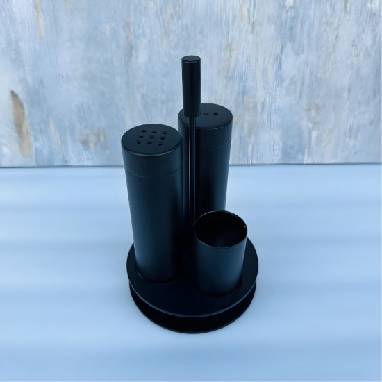 Siyah Tuzluk Biberlik Kürdanlık Seti - Yuvarlak Standlı