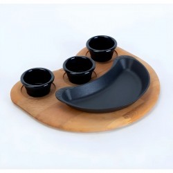 Lava Döküm Böbrek Fajita Tabağı Kayın Servis Ahşaplı 10x20 cm.