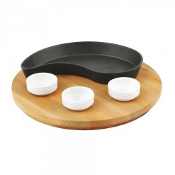 Lava Döküm Damla Formlu Yingyang Fajita Tabağı ve Kayın Servis Ahşabı 10x20cm.