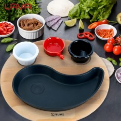 Lava Döküm Damla Formlu Yingyang Fajita Tabağı ve Kayın Servis Ahşabı 10x20cm.
