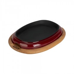 Lava Döküm Oval Fajita Tabağı Bordo Kayın Ahşap Altlıklılı 26x19 cm.