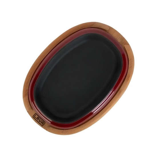 Lava Döküm Oval Fajita Tabağı Bordo Kayın Ahşap Altlıklılı 26x19 cm.