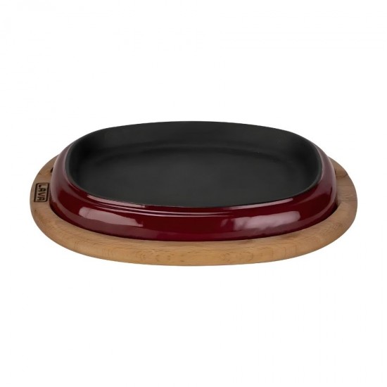 Lava Döküm Oval Fajita Tabağı Bordo Kayın Ahşap Altlıklılı 26x19 cm.