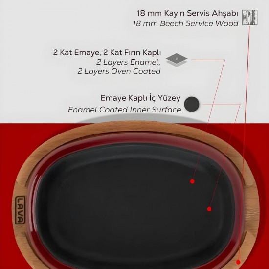 Lava Döküm Oval Fajita Tabağı Bordo Kayın Ahşap Altlıklılı 26x19 cm.