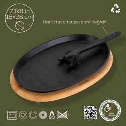 Lava Döküm Oval Fajita Tabağı Kayın Servis Ahşaplı 18x28 cm.