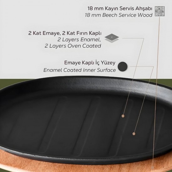Lava Döküm Oval Fajita Tabağı Kayın Servis Ahşaplı 18x28 cm.
